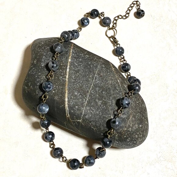 Natural Dark Larvikite Bronze Link Adjustable Choker Necklace - Picture 4 of 11